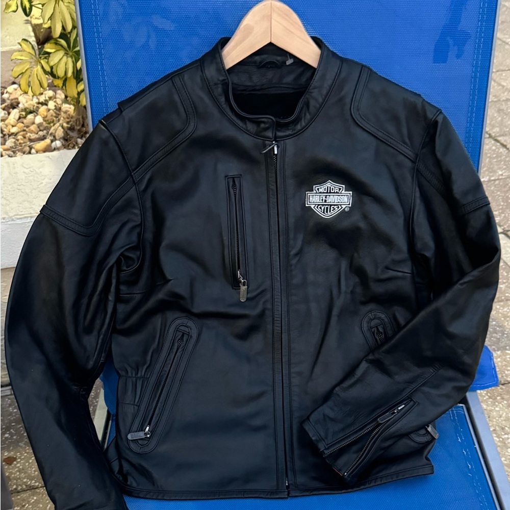 Harley Davidson Vickery Leather Jacket L Black Moto Removable Liner Shield Logo